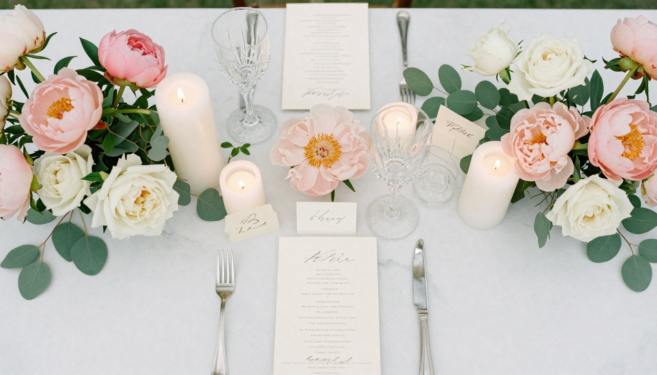 Luxury wedding table centerpiece flat-lay on white marble
