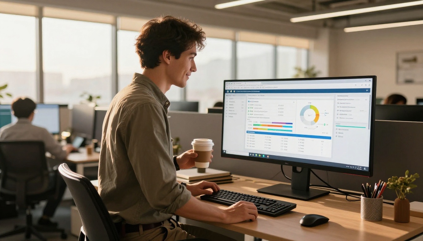 Marketing professional at a sit-stand desk looking at a flipbook analytics dashboard on a large monitor