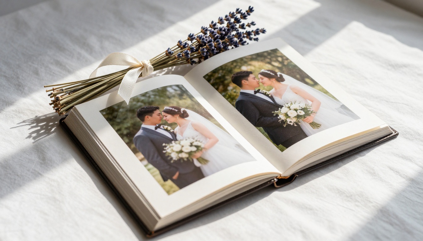 Open wedding photo album on white linen surface