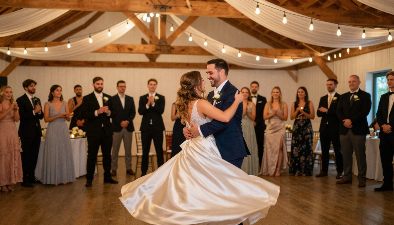 Couple sharing their first dance in warmly lit barn venue