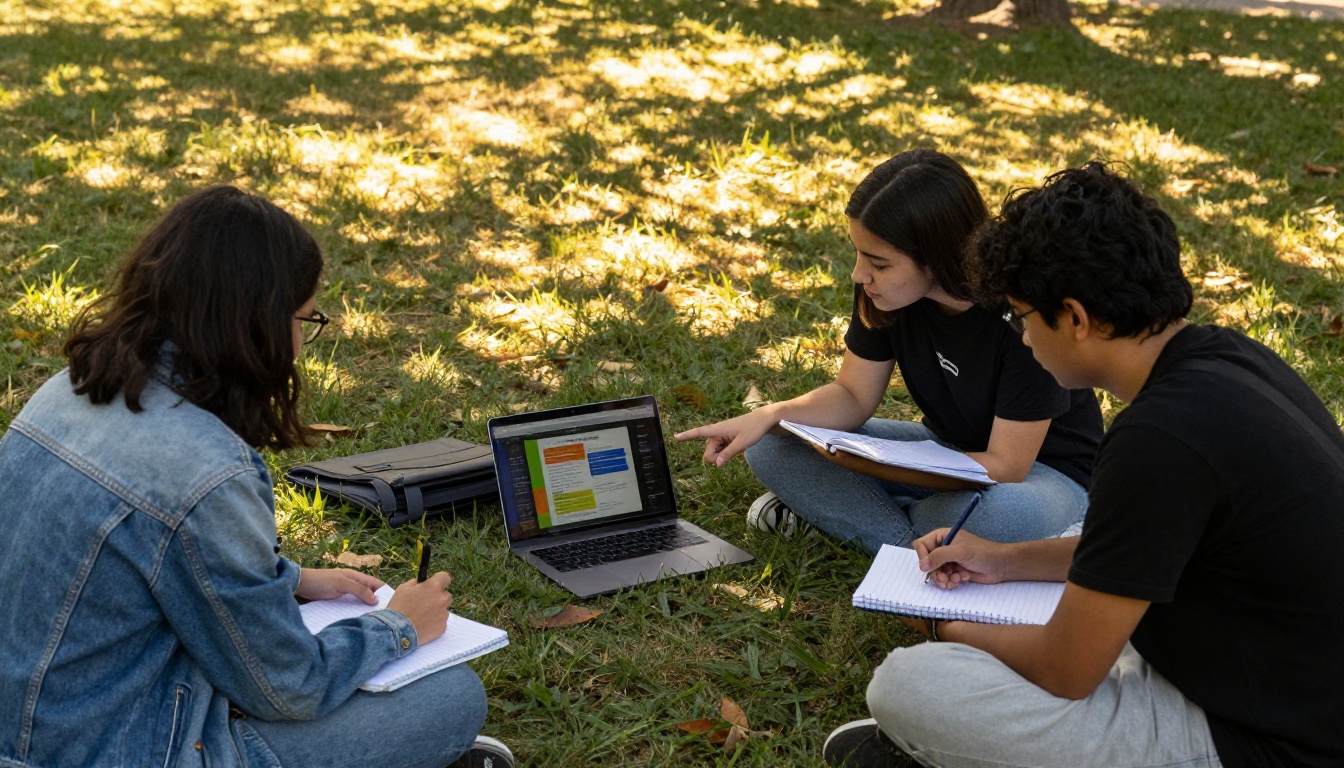 Diverse college students sitting on campus lawn gathering around a laptop showing an educational flipbook