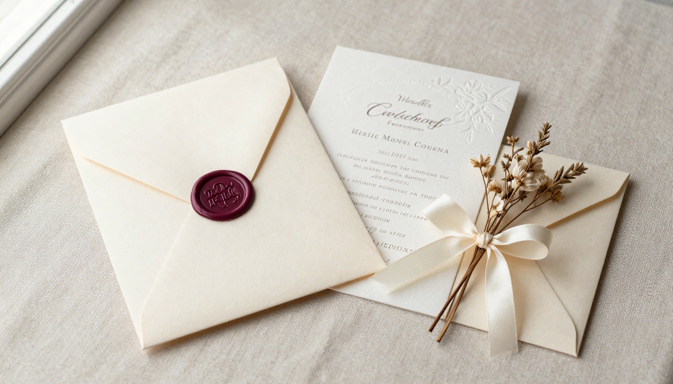 Wedding invitation suite with wax seal on linen surface