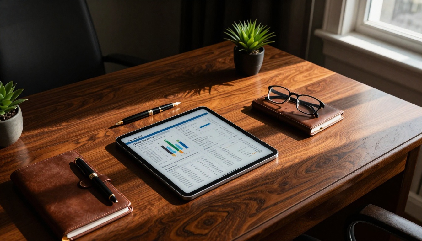 Corporate annual report displayed as a flipbook on a tablet on a mahogany executive desk