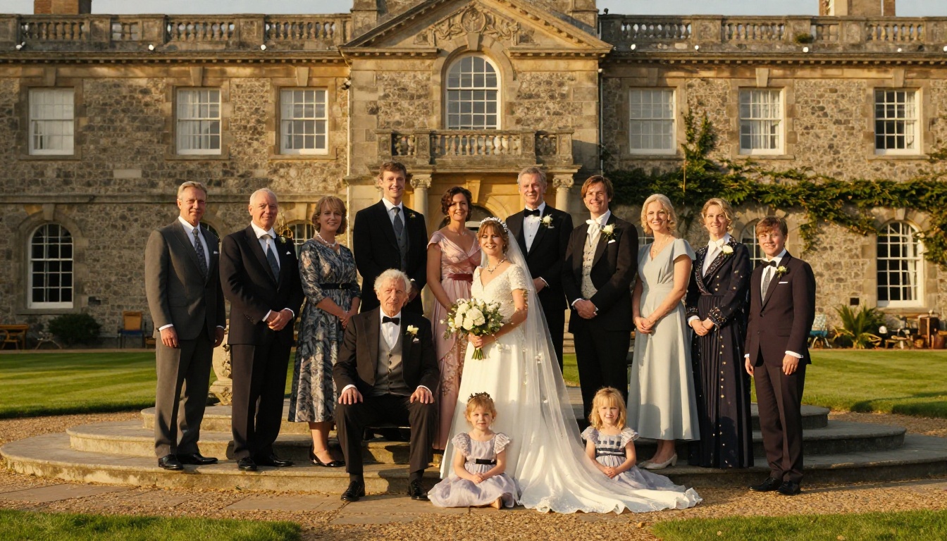 Multi-generational family portrait on stone estate steps at golden hour