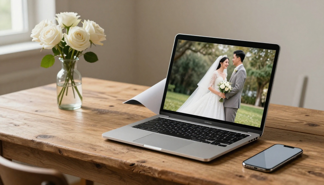 Smartphone and laptop displaying digital flipbook wedding album