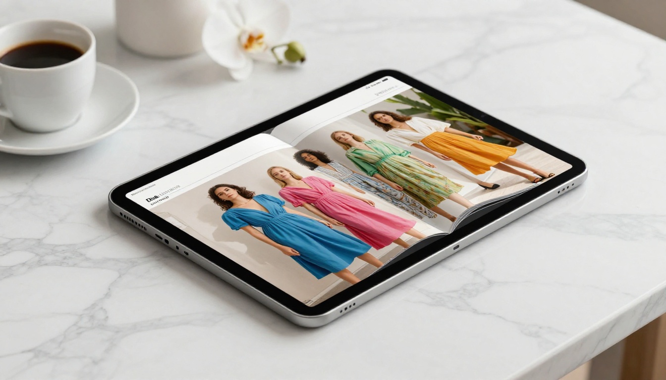 Digital flipbook displayed on iPad Pro on a white marble surface mid-page-flip Digital flipbook displayed on iPad Pro on a white marble surface mid-page-flip