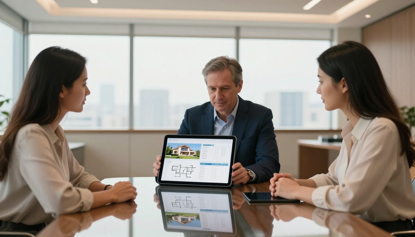Real estate agent showing digital interactive brochure to clients at conference table