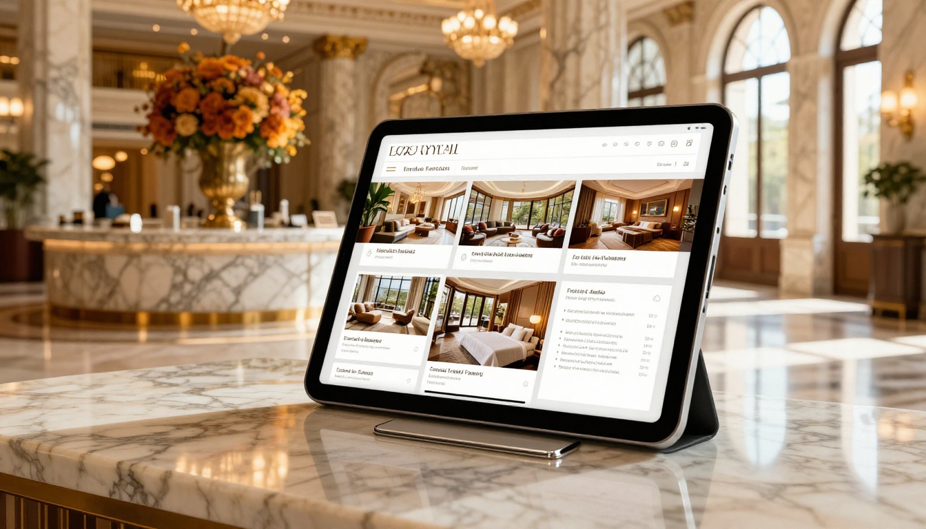 Hotel lobby concierge desk with interactive brochure on iPad stand