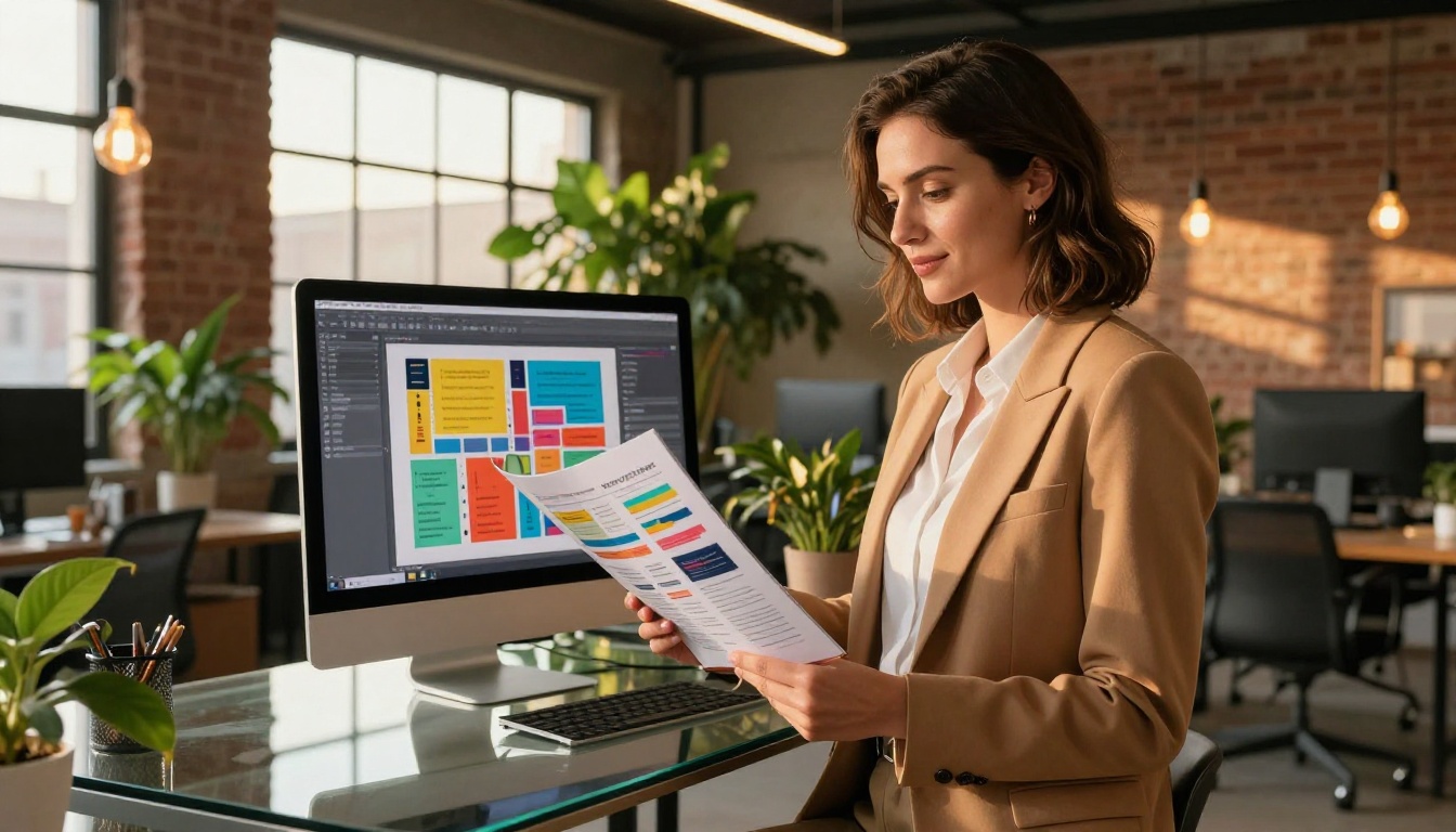 Marketing professional woman reviewing a design brochure in a modern co-working office Marketing professional woman reviewing a design brochure in a modern co-working office
