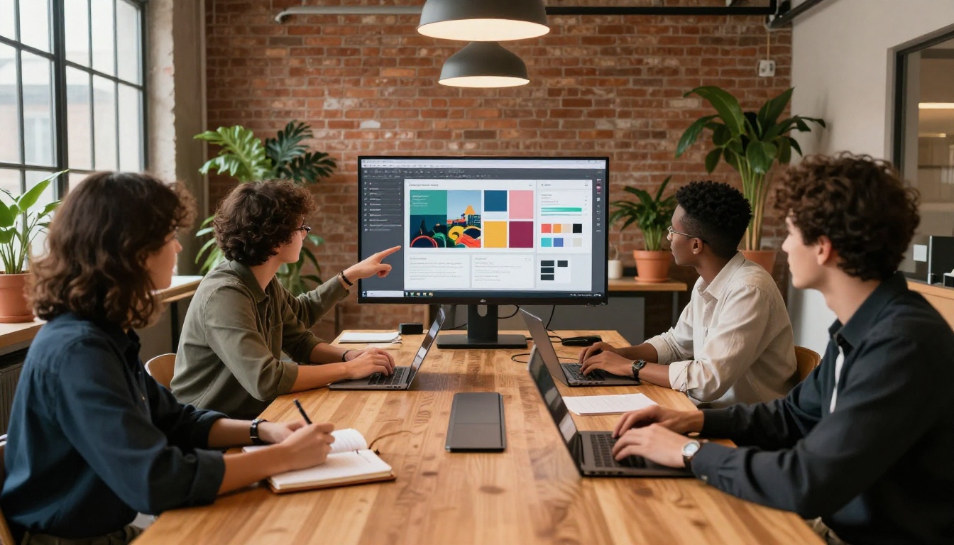 Marketing team collaborating on interactive brochure campaign at conference table