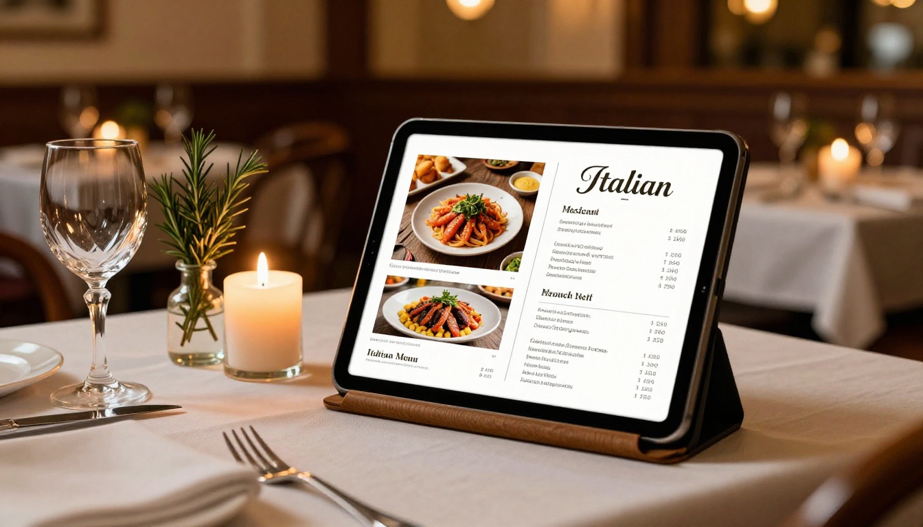 Elegant digital restaurant menu displayed on a tablet with candlelit table setting Elegant digital restaurant menu displayed on a tablet with candlelit table setting