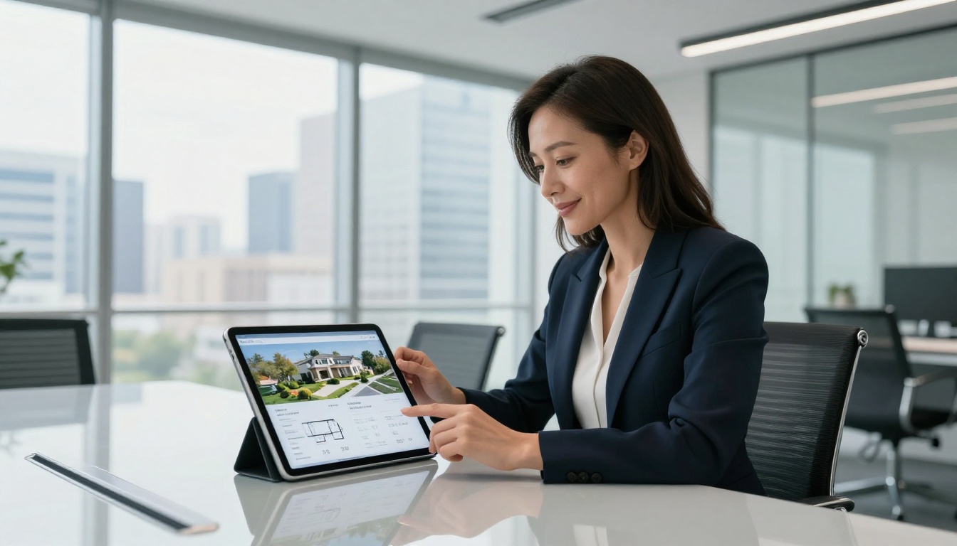 Real estate professional swiping through a digital property brochure on an iPad in a glass conference room Real estate professional swiping through a digital property brochure on an iPad in a glass conference room