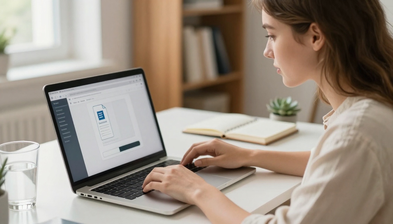 Woman uploading PDF file to interactive brochure platform on laptop