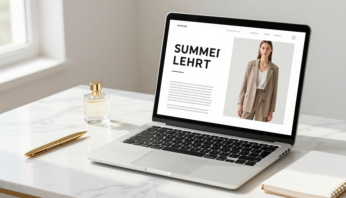Fashion lookbook displayed on a laptop on a white marble desk with gold stationery Fashion lookbook displayed on a laptop on a white marble desk with gold stationery