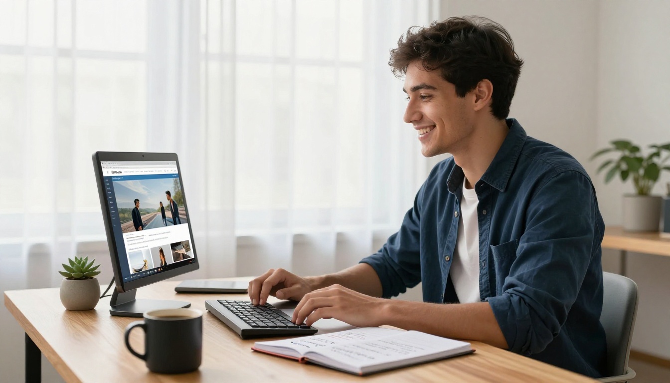 Content marketer smiling at laptop screen showing a flipbook embedded on a website Content marketer smiling at laptop screen showing a flipbook embedded on a website