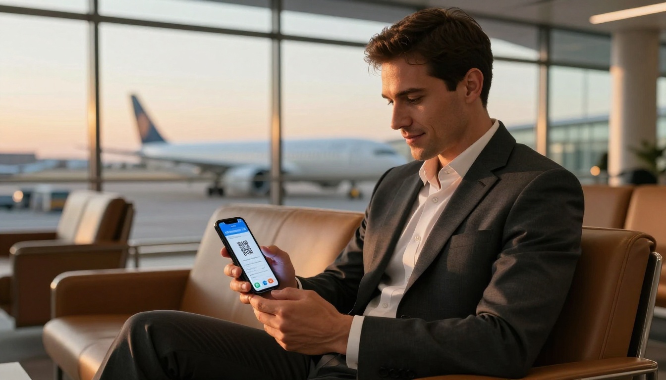 Business professional sharing interactive brochure link on smartphone in airport lounge