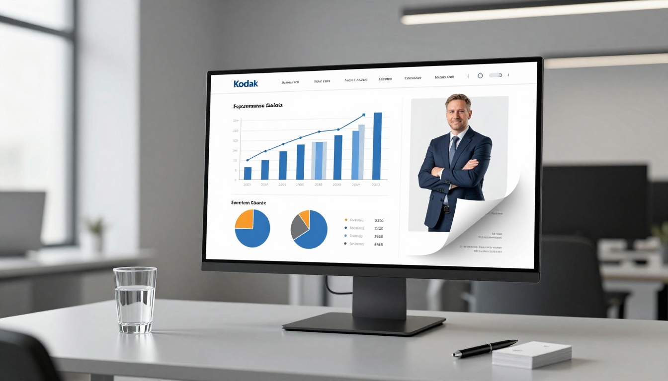 Corporate annual report displayed as a flipbook on a large widescreen monitor in a minimalist office Corporate annual report displayed as a flipbook on a large widescreen monitor in a minimalist office