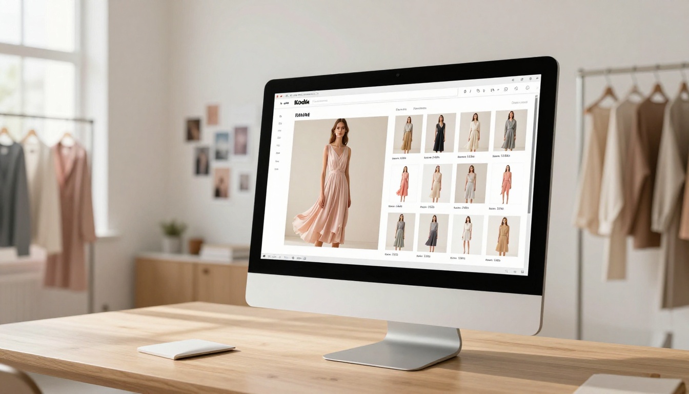 Fashion lookbook displayed as interactive flipbook on iMac in bright brand office
