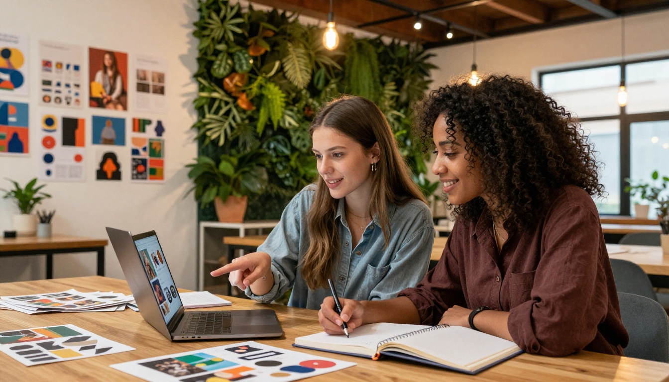 Two women collaborating over a flipbook portfolio on a laptop in a bright creative studio Two women collaborating over a flipbook portfolio on a laptop in a bright creative studio