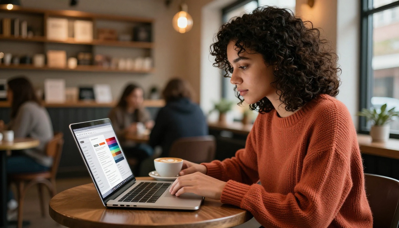 Young entrepreneur customizing interactive brochure design on laptop in coffee shop