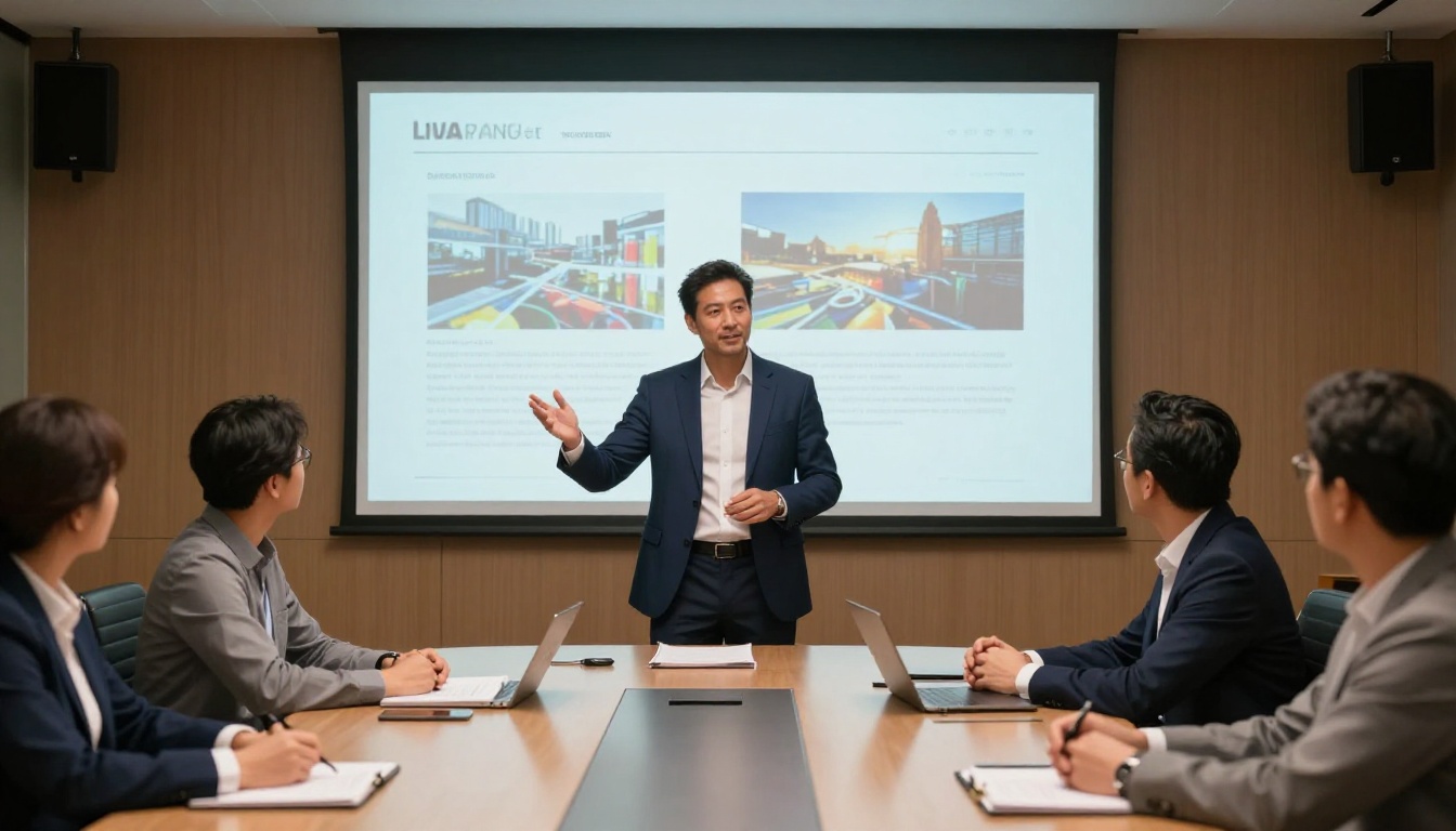 Executive presenting an interactive digital publication in a boardroom Executive presenting an interactive digital publication in a boardroom
