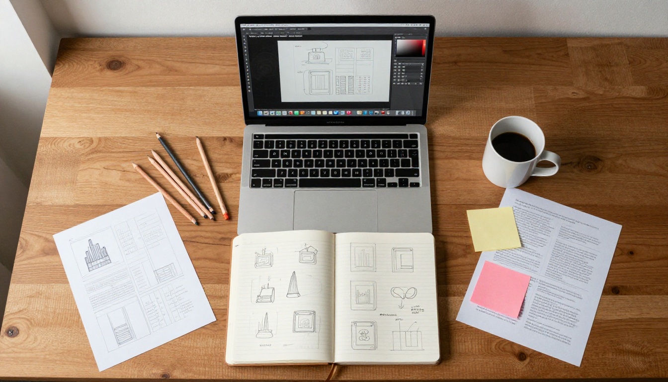 Adobe Photoshop artboard workspace with multi-page layout and design tools spread across a wooden desk
