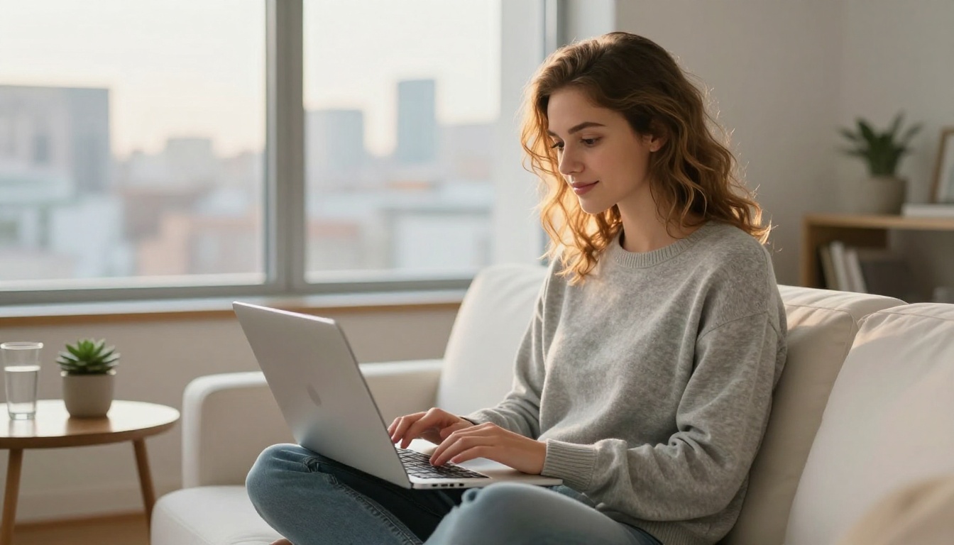 Woman with wavy hair uploading a PDF to a flipbook platform on a laptop while sitting on a modern white sofa