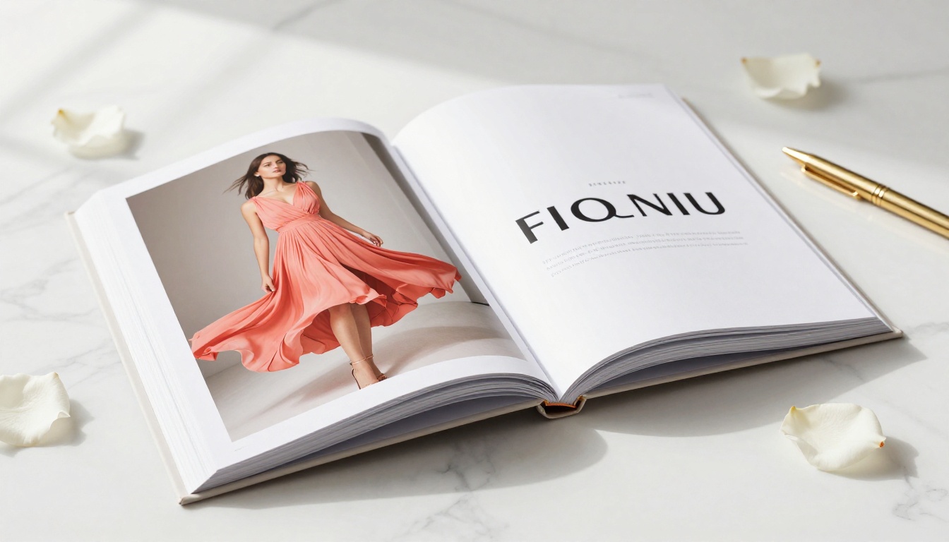 Elegant open flipbook on a white marble surface with pages mid-turn showing editorial photography and rose petals around it