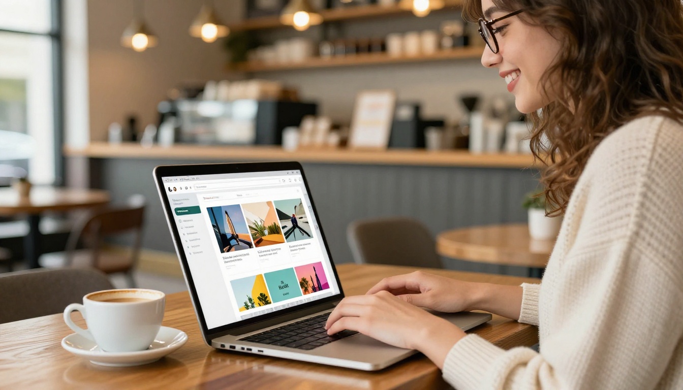 A woman at a cafe creating a digital catalog flipbook on a laptop A woman at a cafe creating a digital catalog flipbook on a laptop