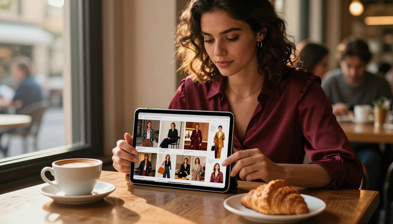 Woman in a cafe browsing a fashion lookbook flipbook on an iPad with warm golden hour light streaming through the window
