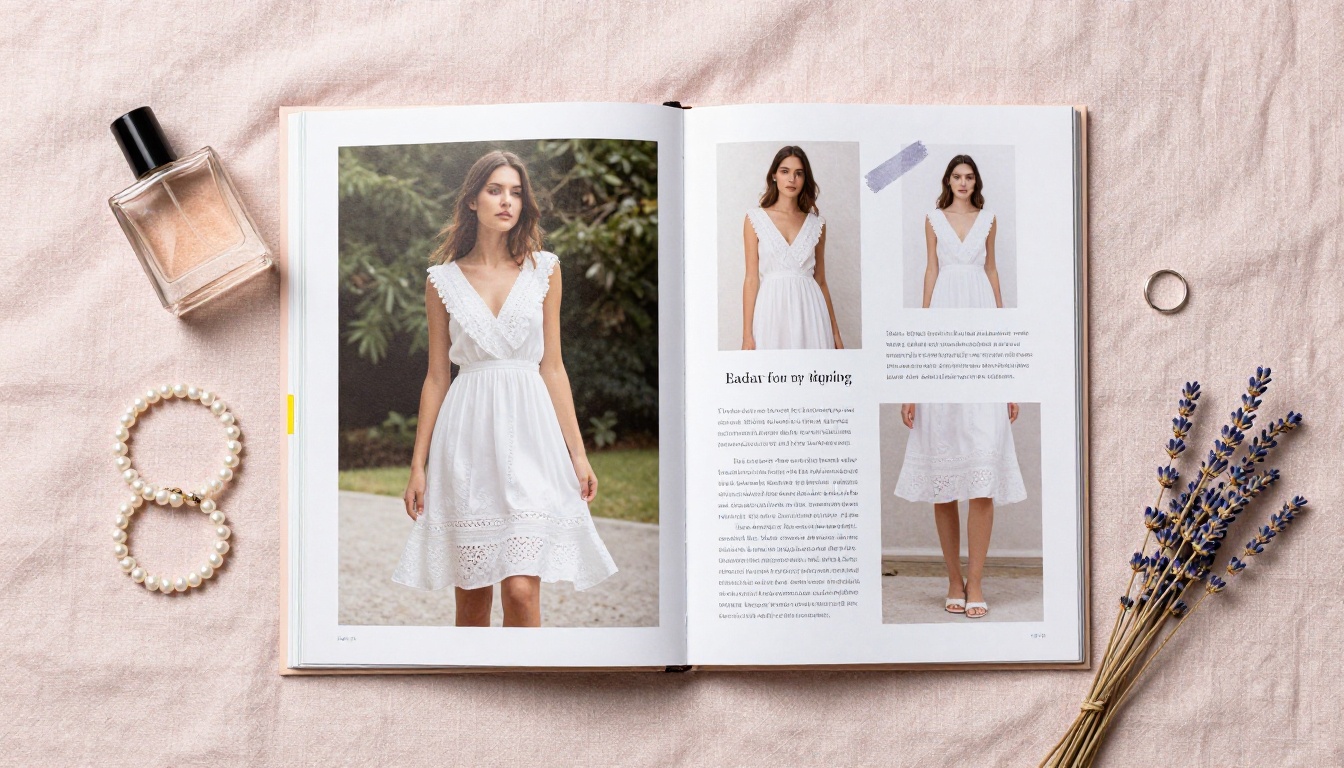 Flat-lay of a fashion lookbook open on blush pink linen with editorial photography on the left page and product text on the right