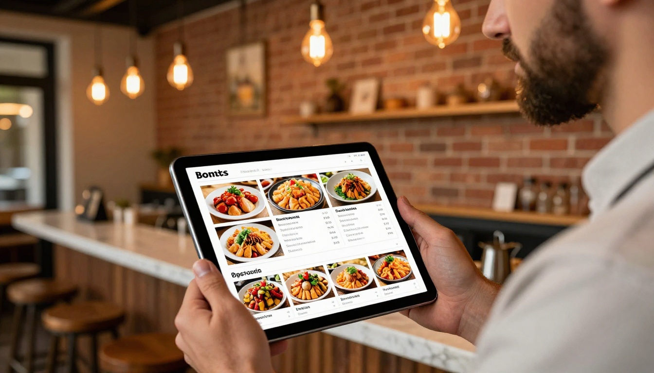 A restaurant owner showing a digital menu flipbook on a tablet A restaurant owner showing a digital menu flipbook on a tablet