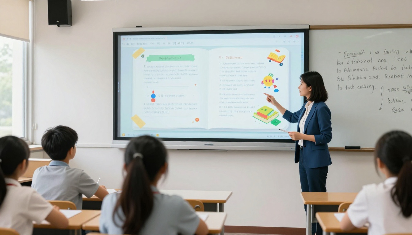 A teacher displaying an interactive e-book flipbook in a classroom A teacher displaying an interactive e-book flipbook in a classroom