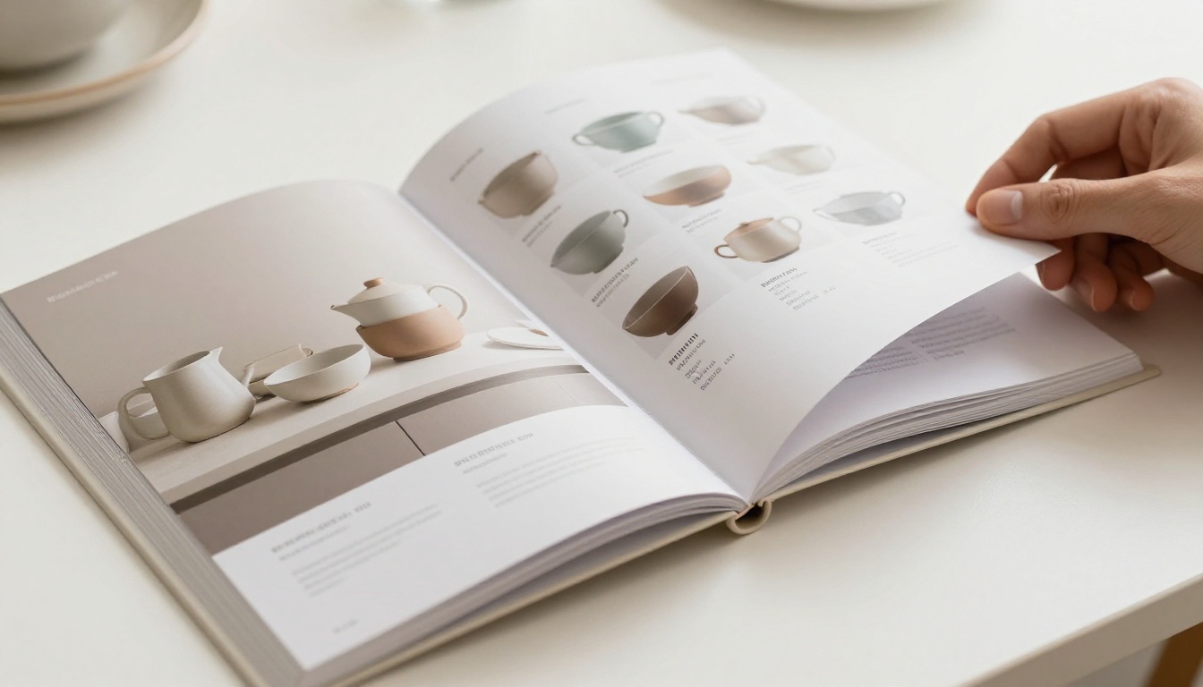 Product catalog flipbook open on a white table showing minimalist ceramic kitchenware with clean price labels and typography