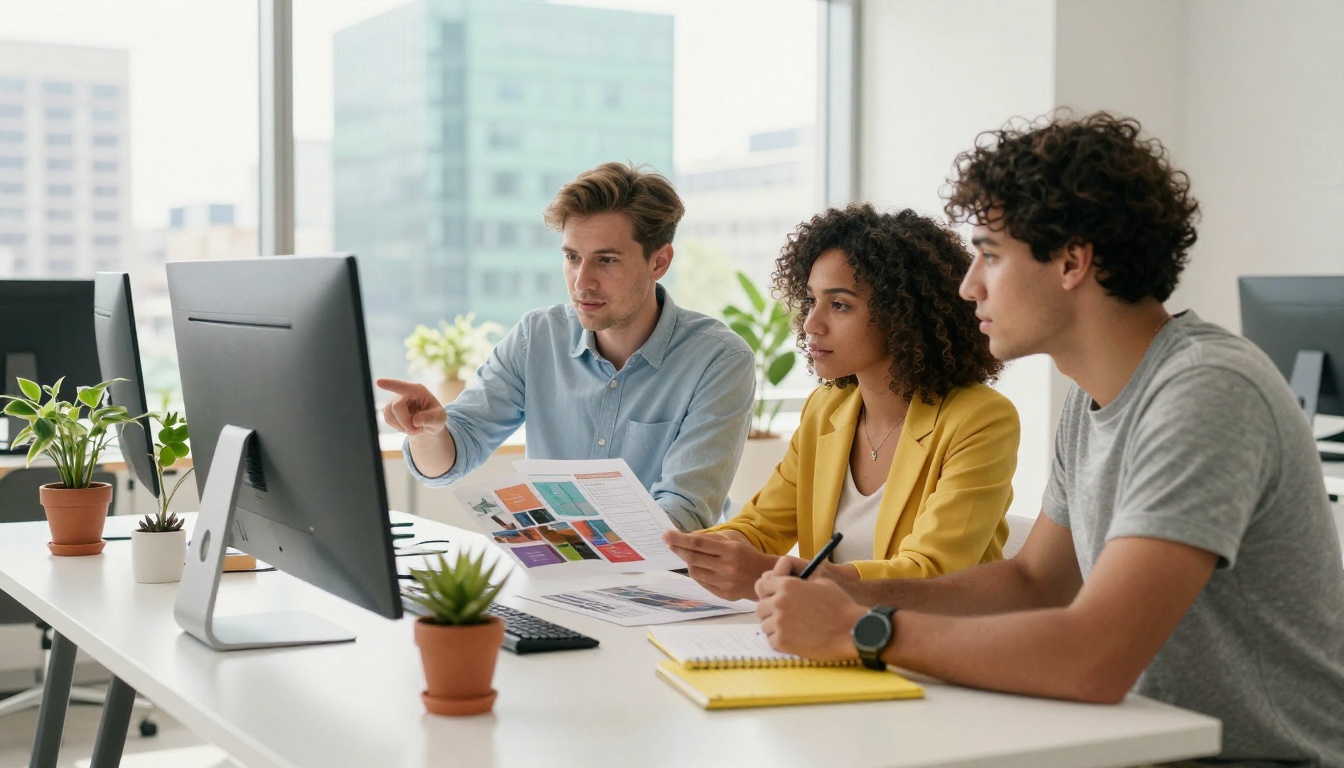Wide-angle shot of a creative studio team gathered around a monitor reviewing a digital flipbook with afternoon sunlight through floor-to-ceiling windows