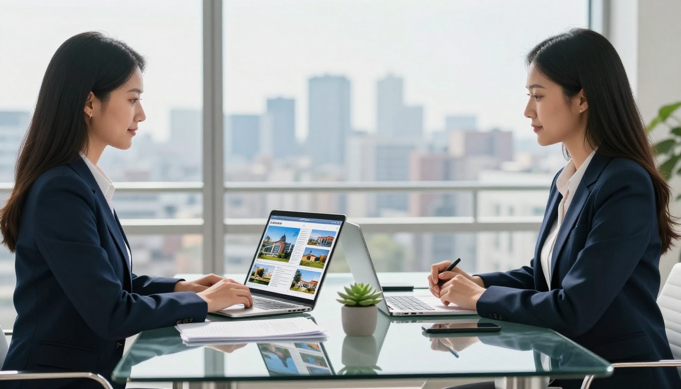 A real estate agent presenting a digital brochure flipbook to clients A real estate agent presenting a digital brochure flipbook to clients
