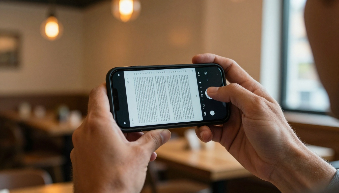 Man frustrated trying to read a PDF menu on a smartphone in a warm restaurant setting