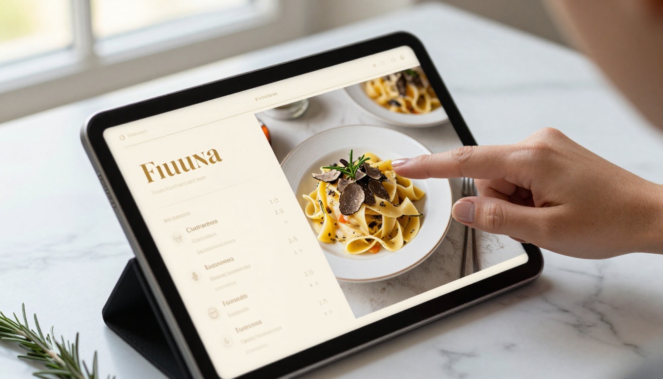 Close-up of a finger swiping through a digital restaurant flipbook menu on a tablet, page-turn animation visible