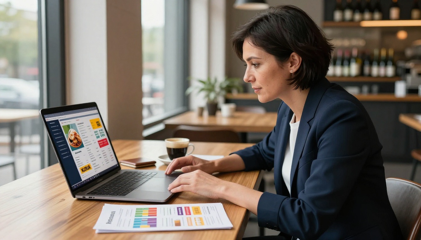 Professional restaurant owner reviewing digital menu design on a MacBook in a restaurant office with natural daylight