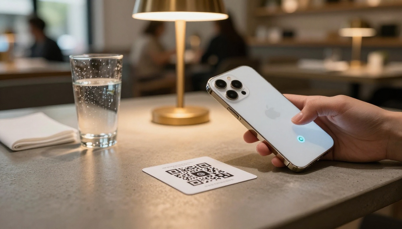 Woman scanning a QR code on a restaurant table tent card with her smartphone