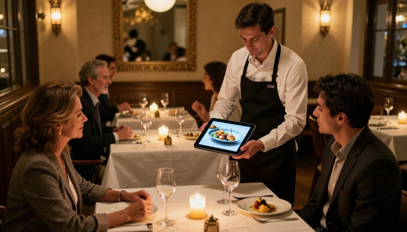 Elegant restaurant waiter presenting a digital flipbook menu on a tablet to a well-dressed couple at a candlelit table