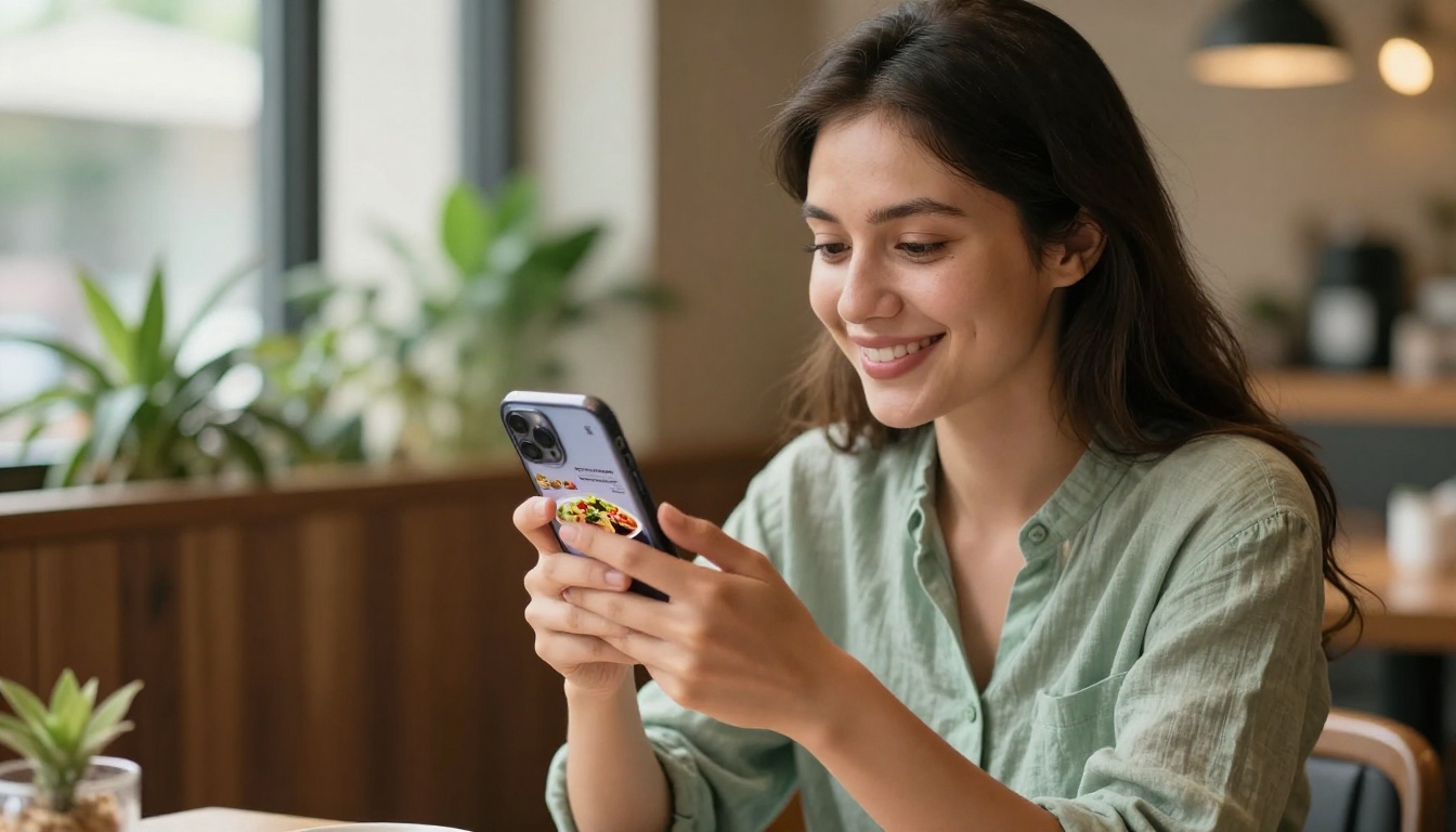 Young woman smiling while browsing a beautifully designed digital restaurant menu on her smartphone at a restaurant table