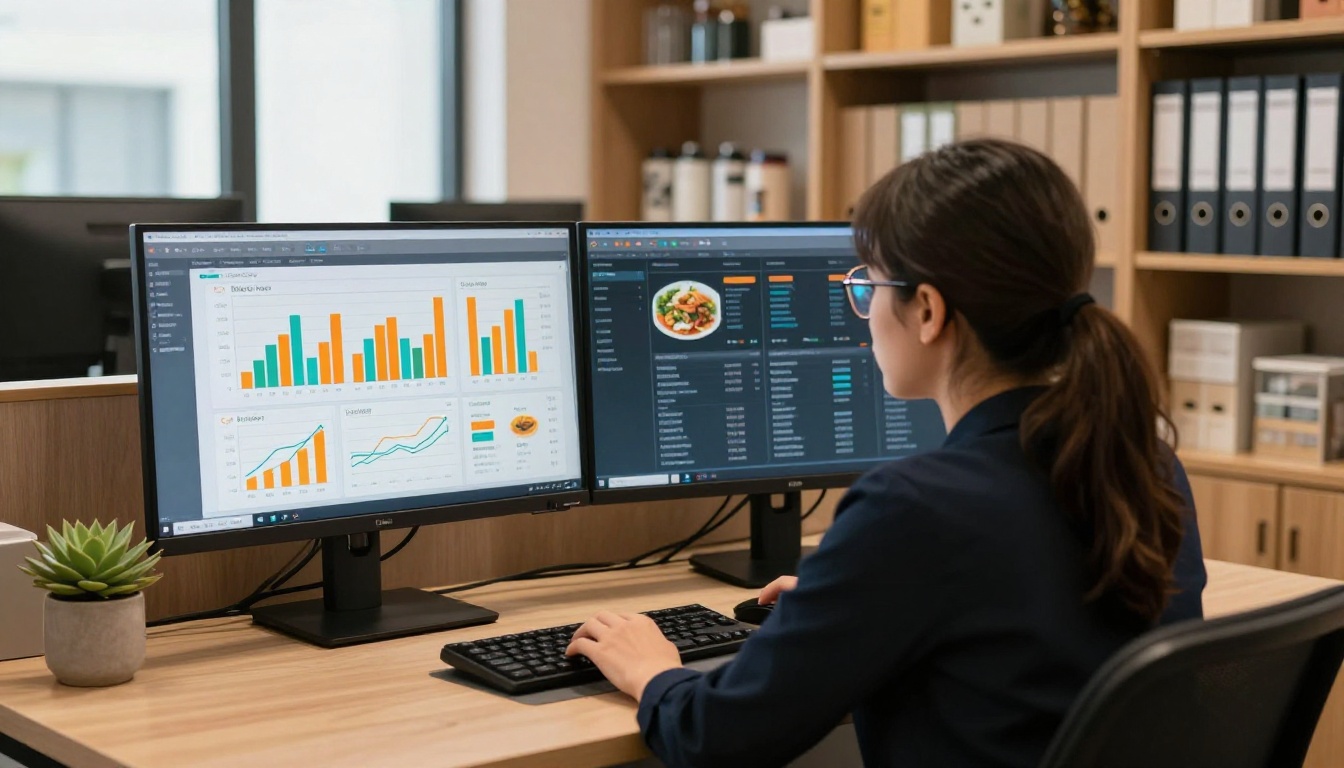 Restaurant manager reviewing menu analytics dashboard on dual monitors in a back office