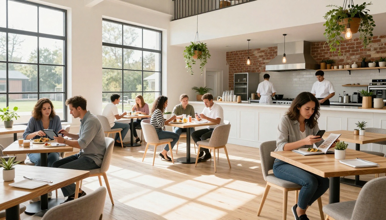 Wide shot of a bright modern farm-to-table restaurant interior during lunch service, patrons browsing digital menus on phones and tablets, large industrial windows and exposed brick walls