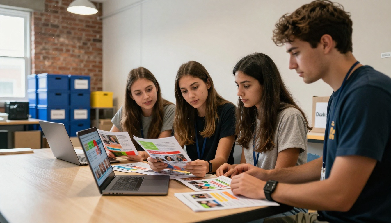 Diverse volunteers reviewing a digital nonprofit publication together on a laptop in a community center