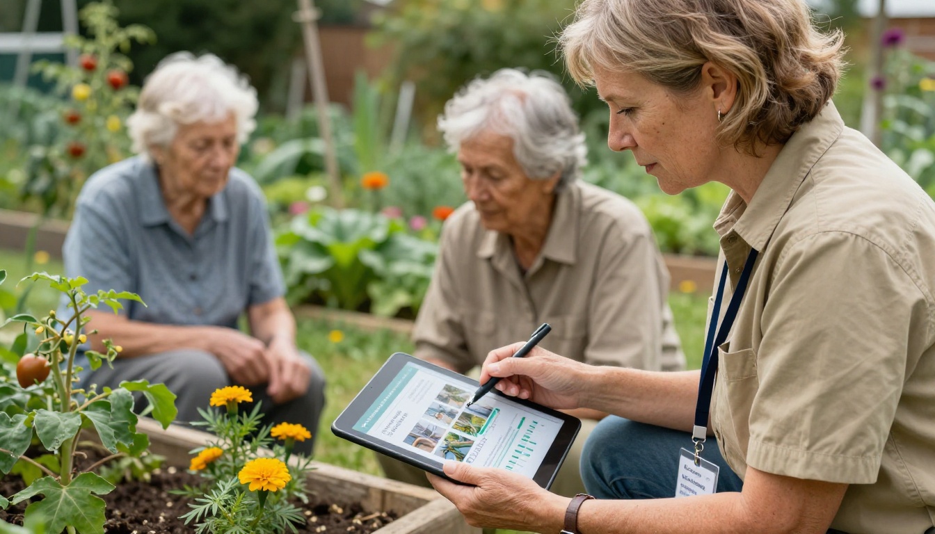 Nonprofit field worker showing a digital impact report to elderly beneficiaries in a sunny community garden