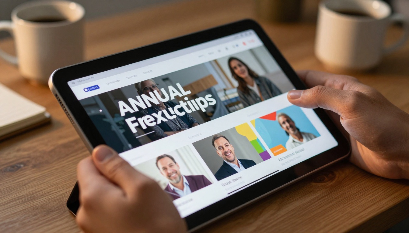 Close-up of hands scrolling through an interactive nonprofit annual report on a modern tablet