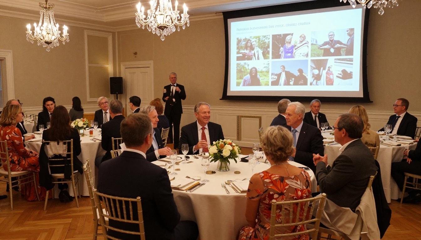 Elegant nonprofit fundraising gala with donors engaging over an impact story projection in a grand ballroom