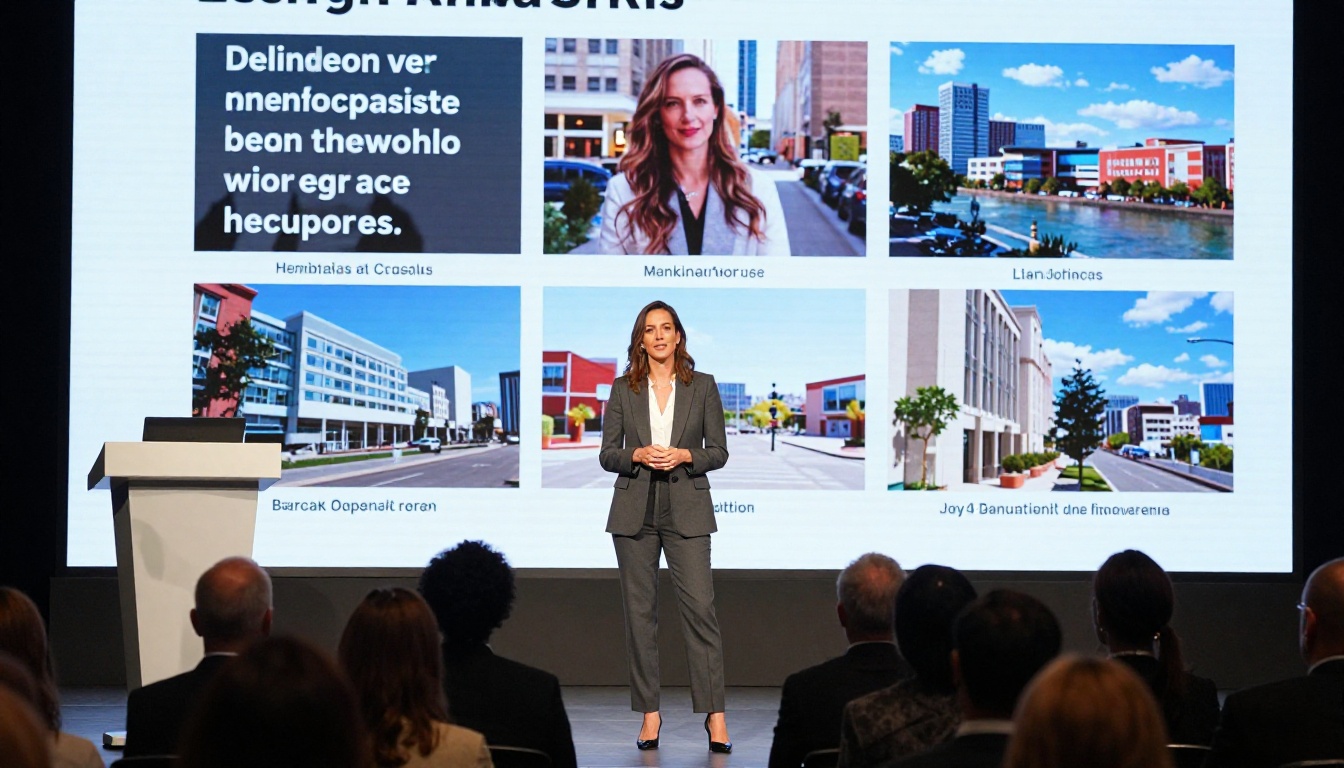 Female nonprofit executive director presenting an interactive flipbook annual report on stage to an audience of stakeholders