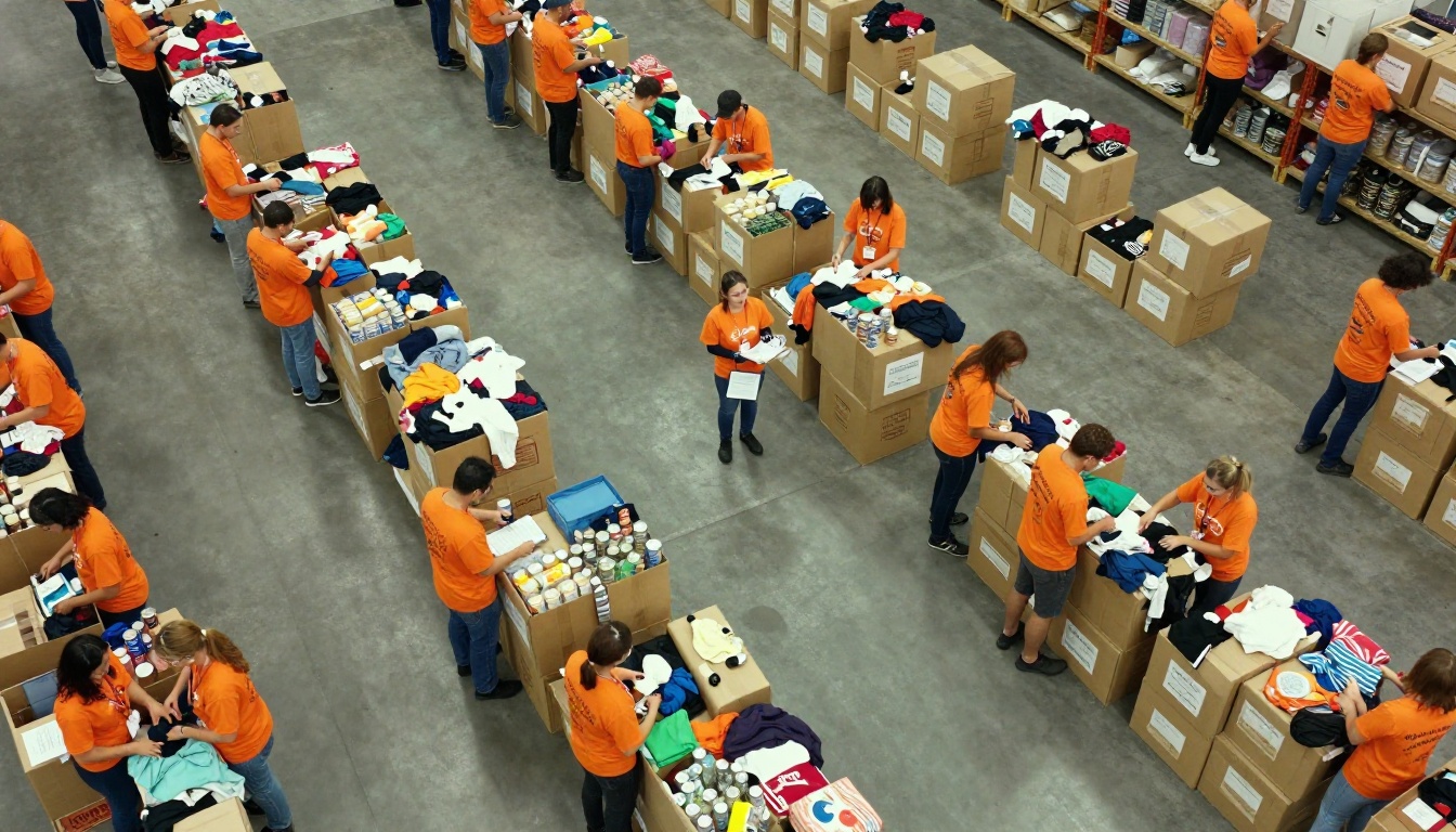 Aerial view of nonprofit volunteers in matching shirts sorting donated goods in an organized warehouse